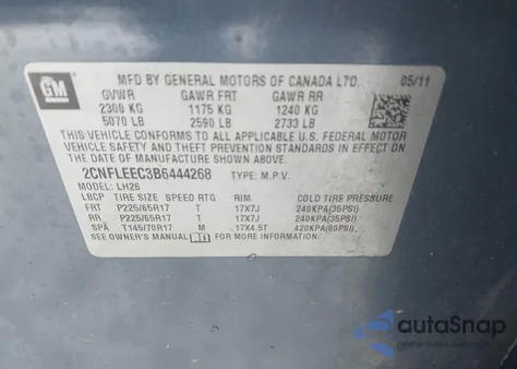 2011 Chevrolet Equinox 1Lt из США, поврежденный, VIN 2CNFLEEC3B6444268